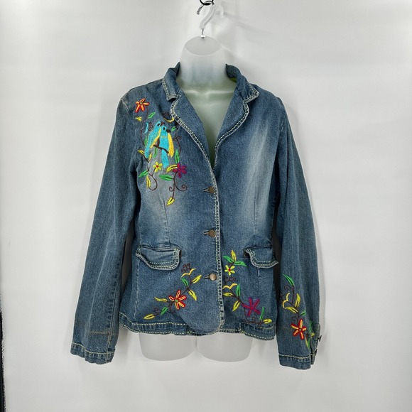 Boston Proper Jackets & Blazers - Boston Proper Womens Denim‎ Jacket Small Blazer Embroidered Birds Flowers Boho